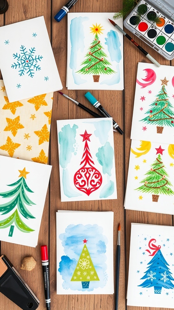 Hand-painted Christmas cards with festive designs on a wooden table.